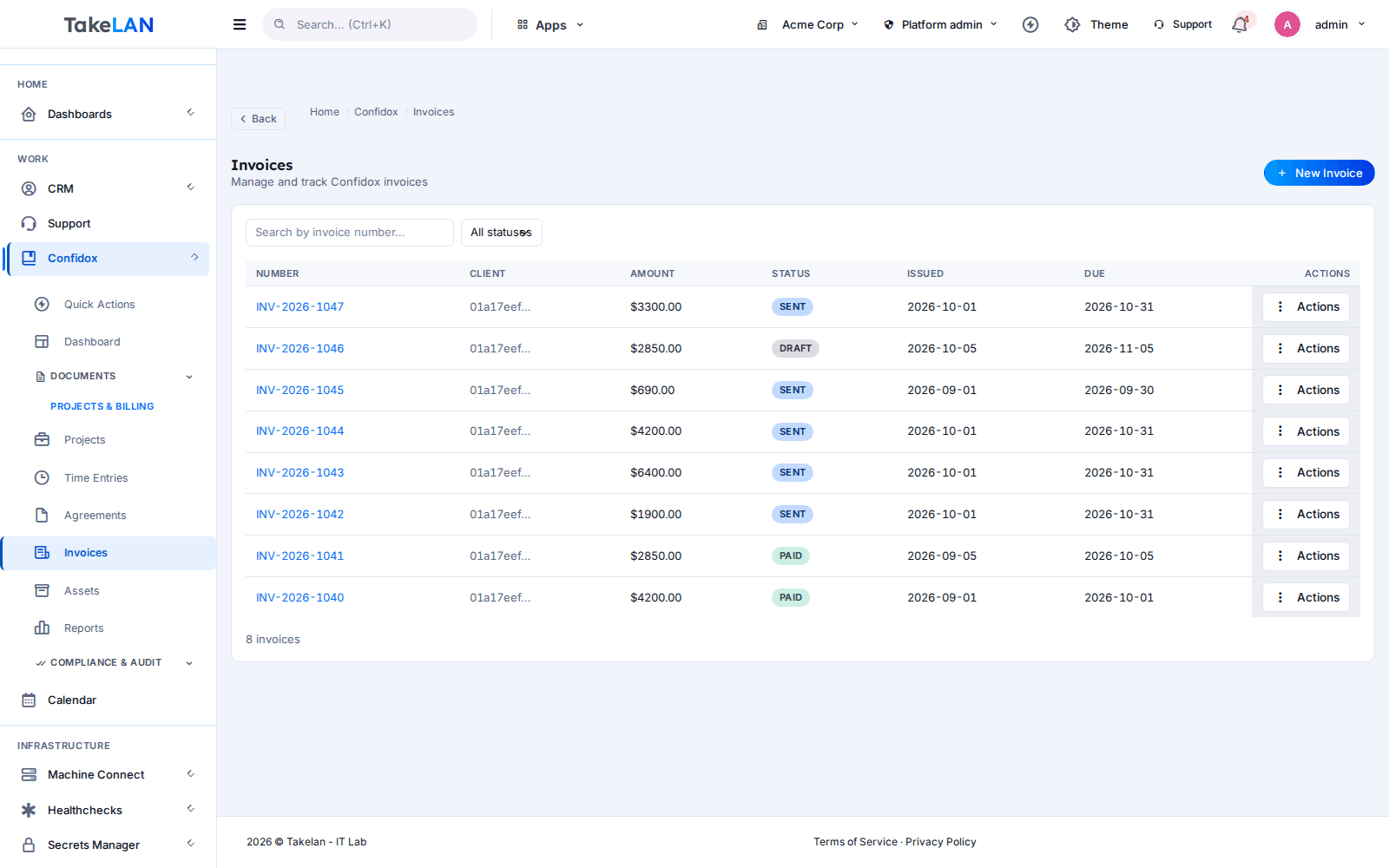 Invoice list with draft, sent and paid invoices