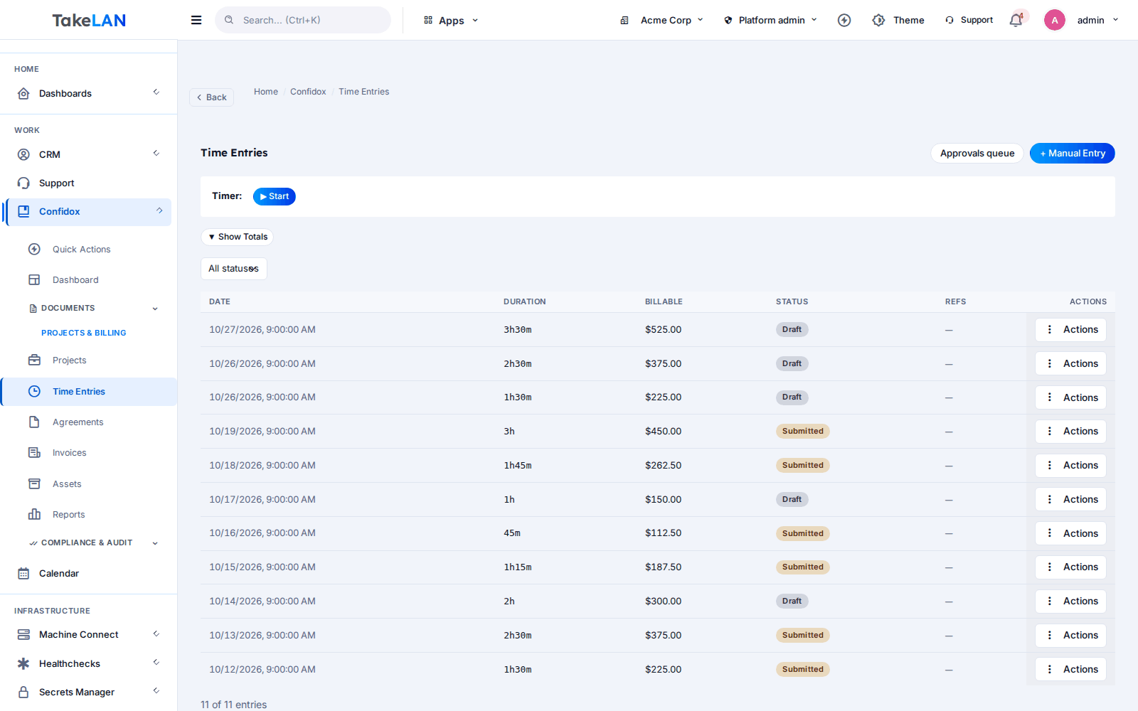 Time tracking page with a timer and recent entries