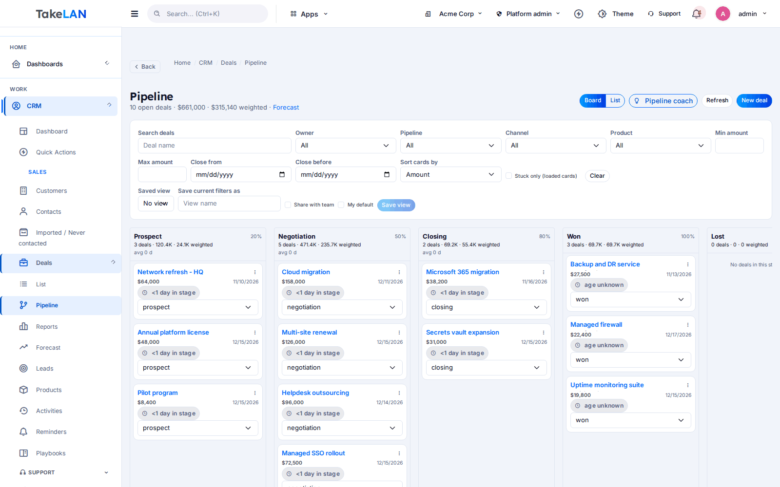 Deals pipeline board with deals in each stage and their values