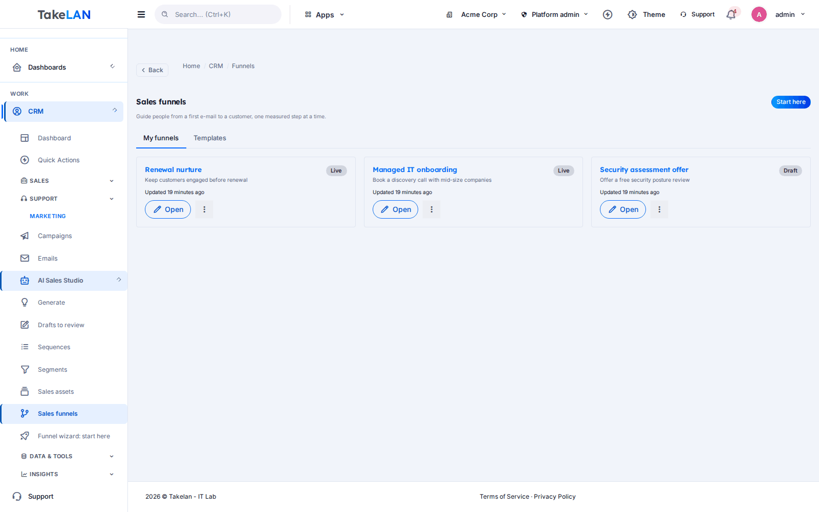 Sales funnels overview showing live and draft funnels