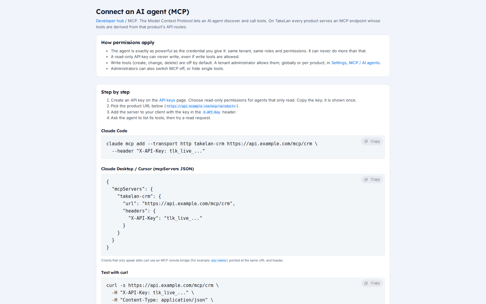 Developer hub guide for connecting an AI agent through MCP