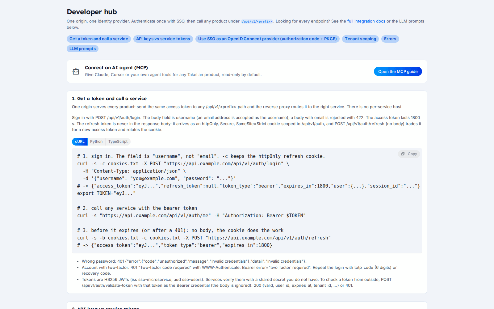Takelan developer hub with quickstart and authentication options