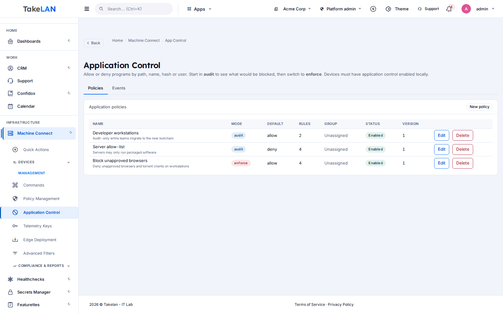 Application control policies in audit and enforce modes