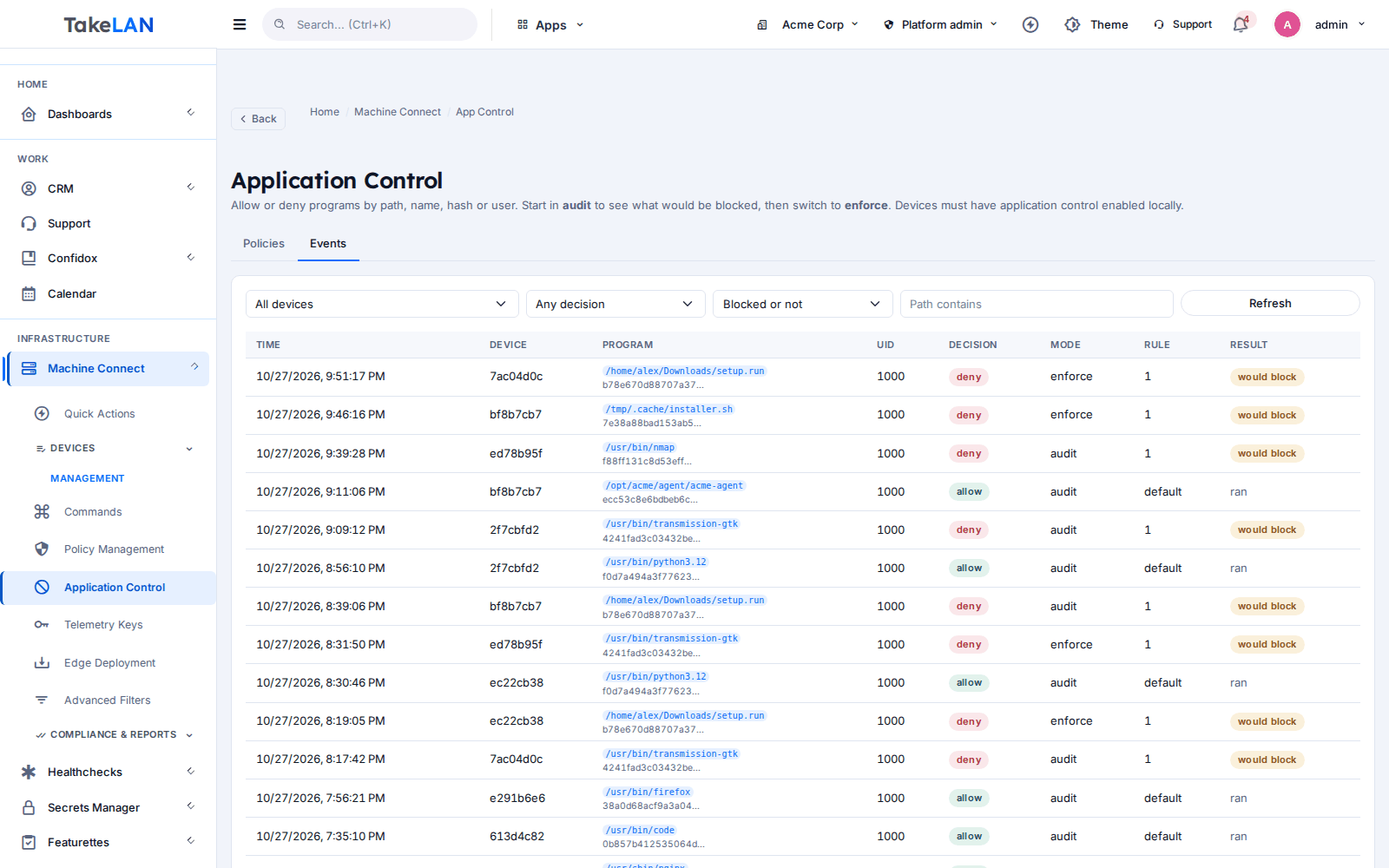 Application control events log showing allowed and denied programs