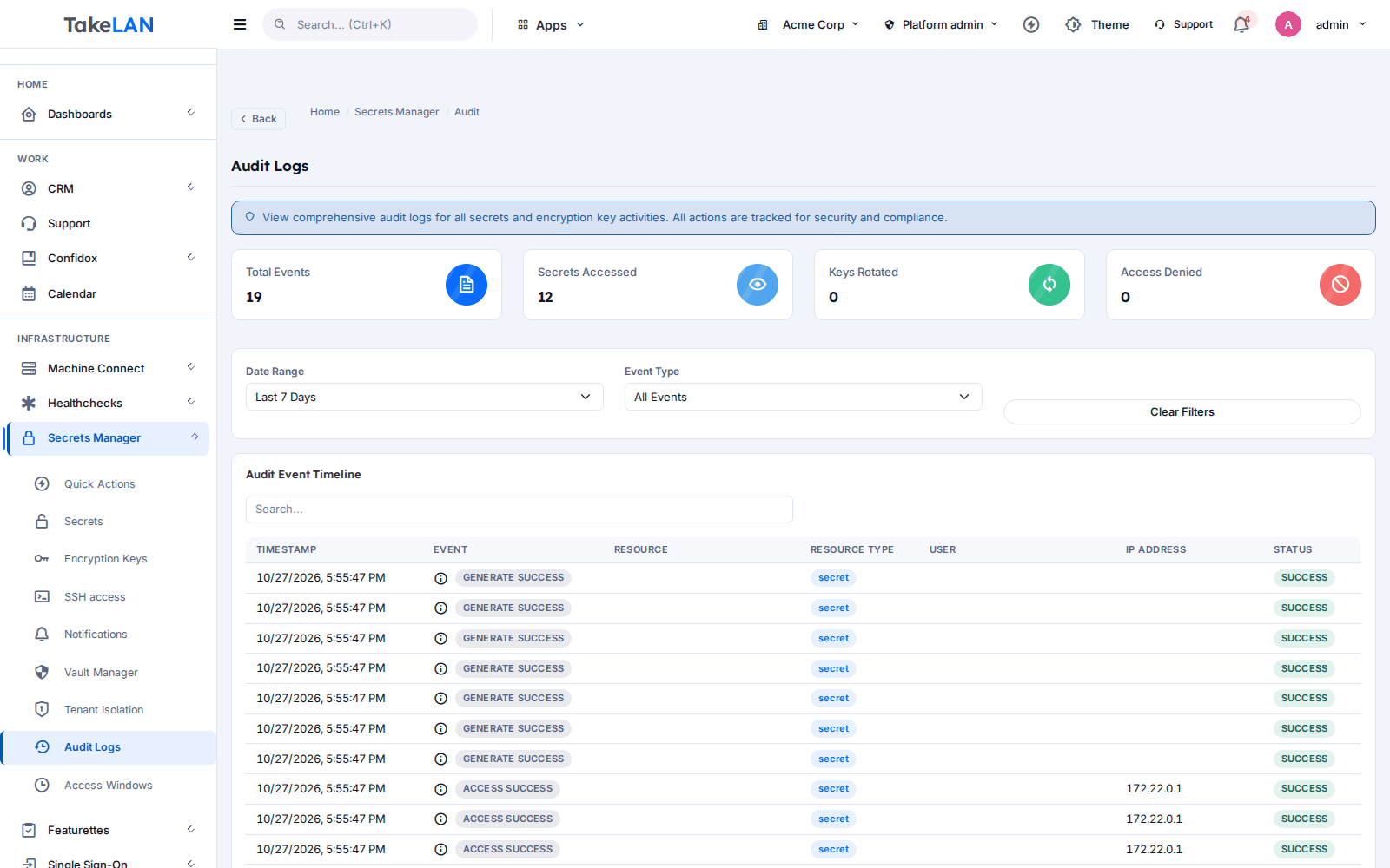Vault audit log with outcome, IP address and a verify chain button