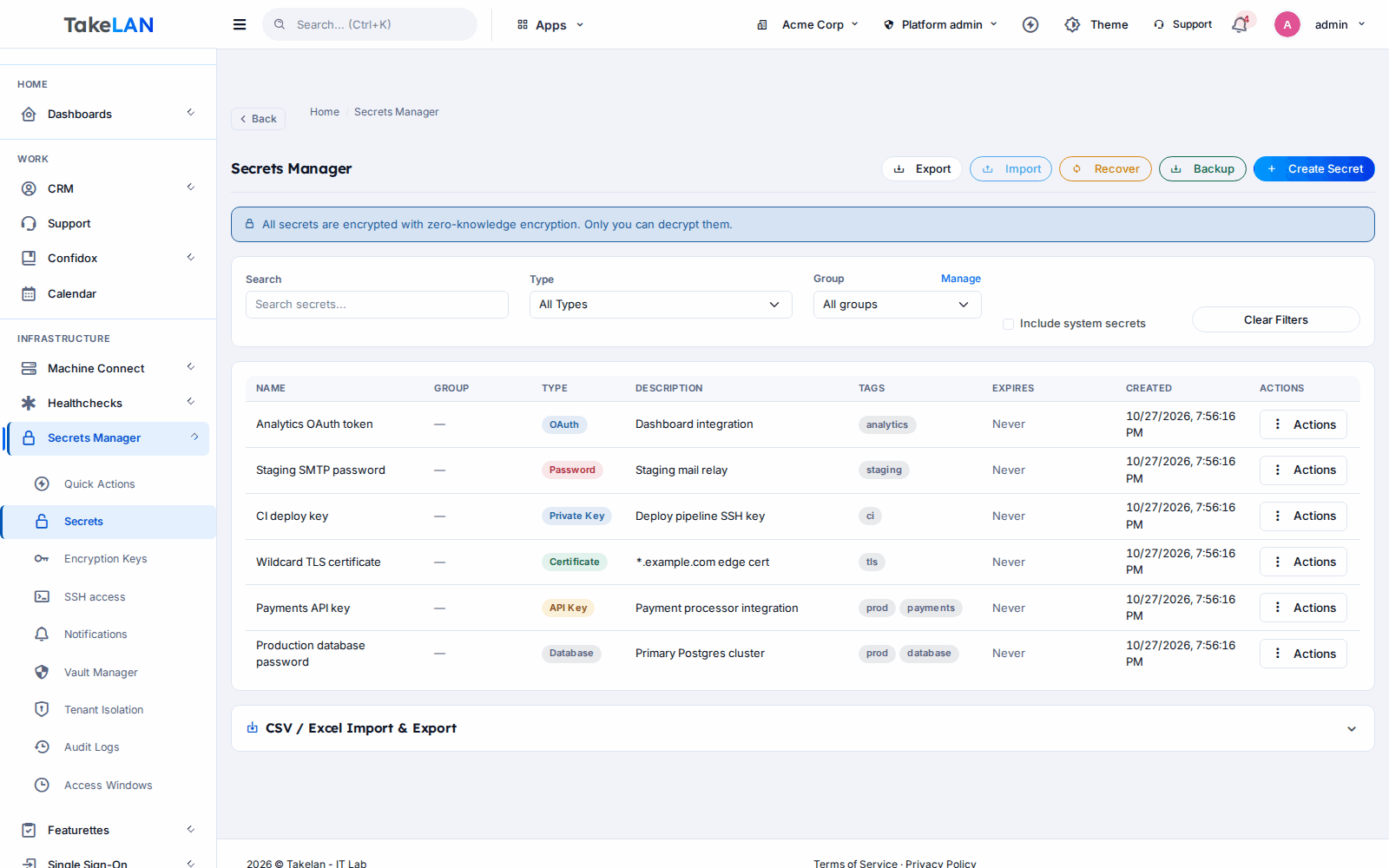 Secrets Manager list of secrets with tags, expiry dates and groups