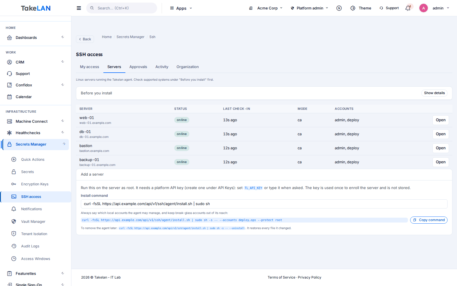 Servers tab listing managed Linux servers with agent status and install command