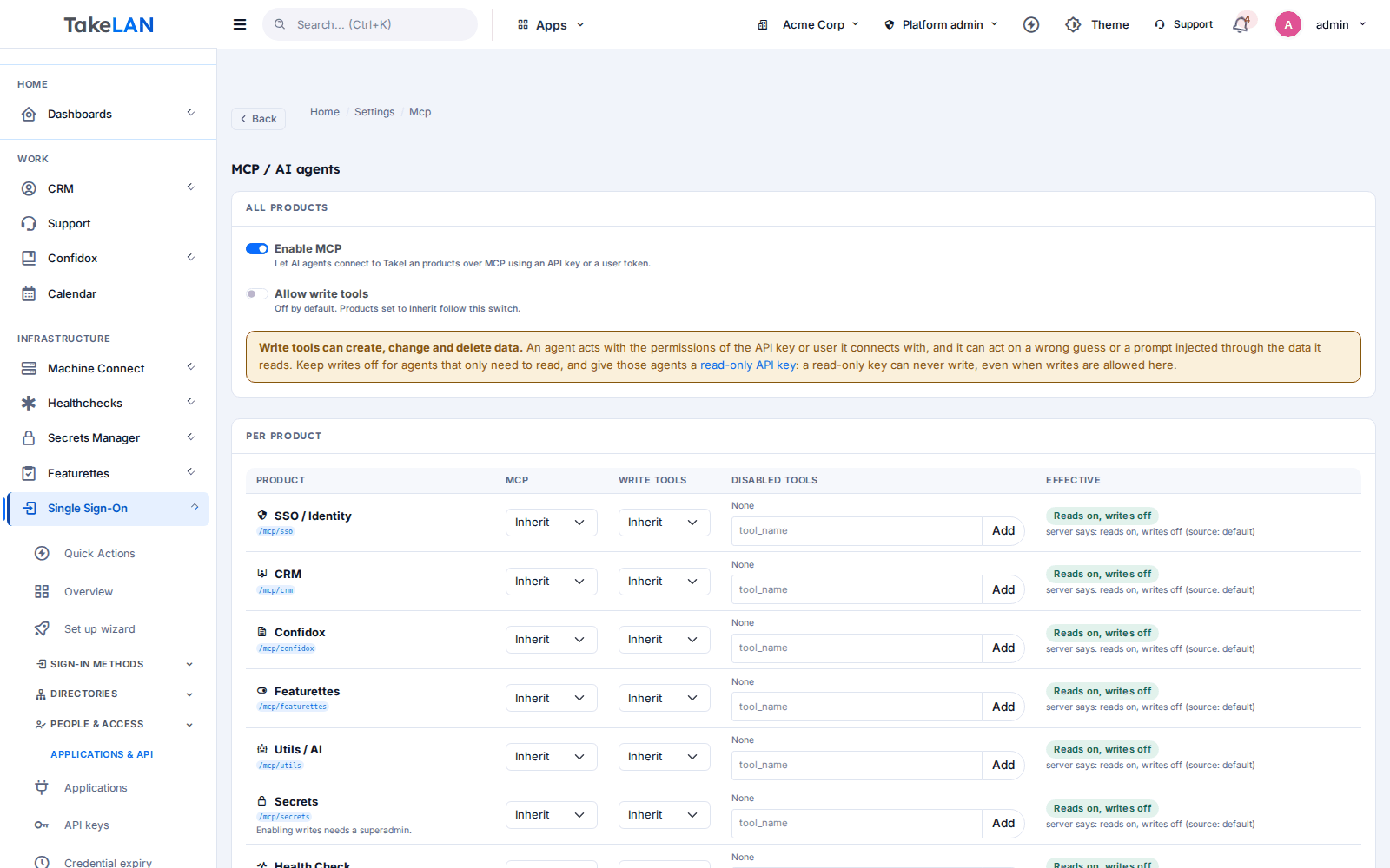 MCP settings page listing each Takelan product with its AI agent access switch