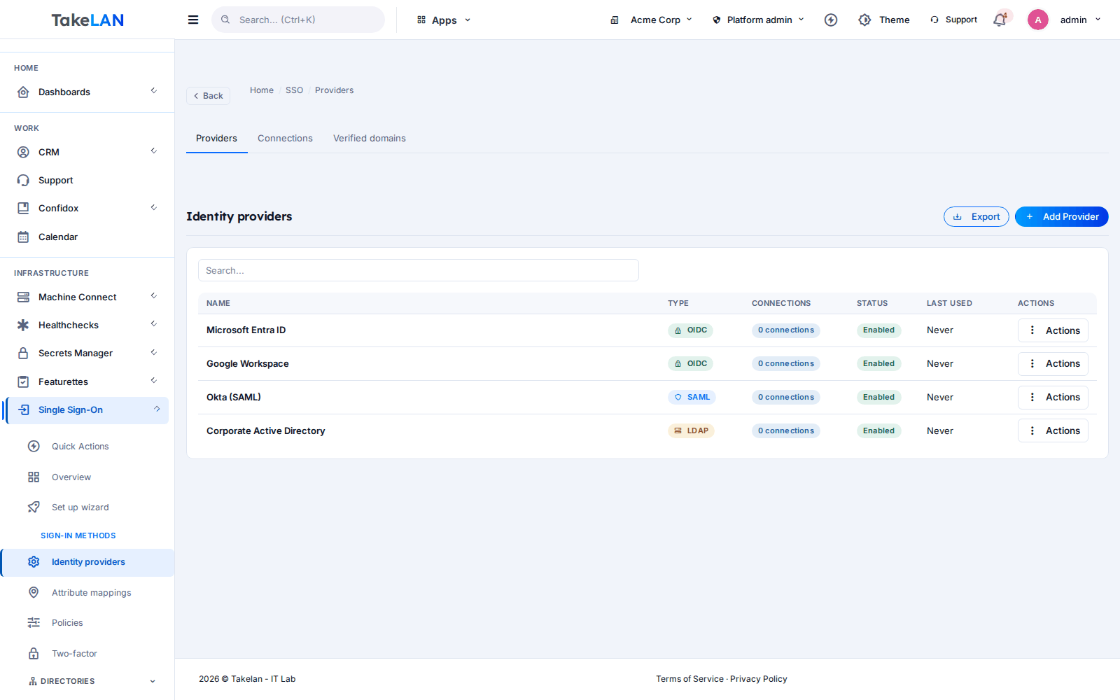 Takelan SSO identity providers page with Entra, Google, Okta SAML and LDAP provider cards