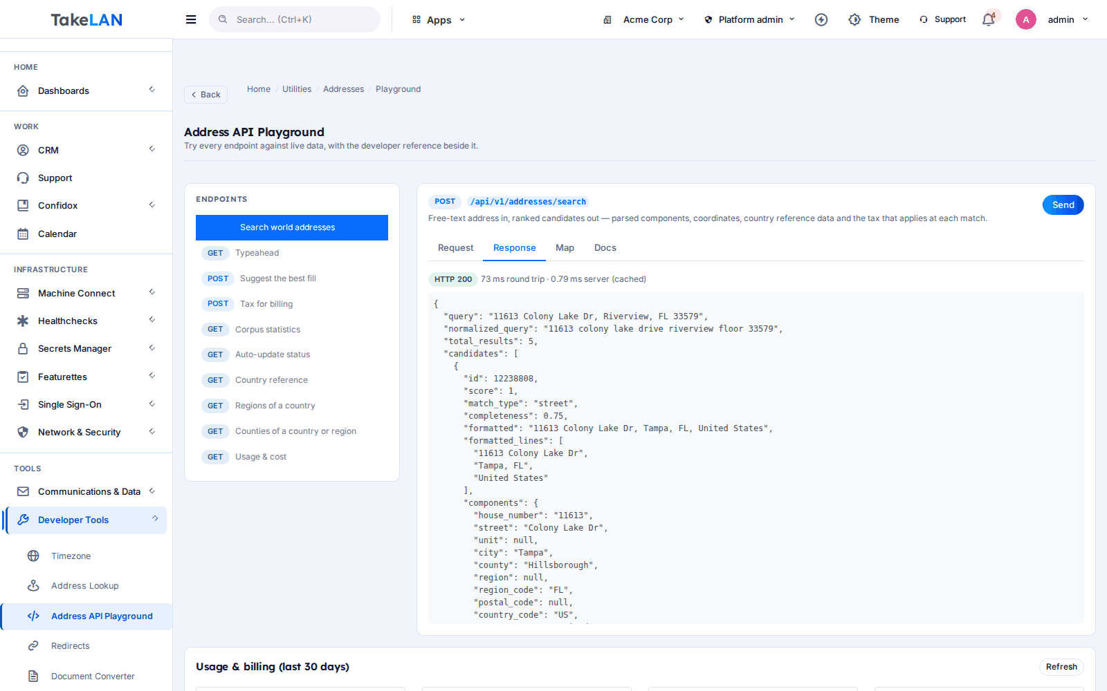 Address API playground showing a live JSON response