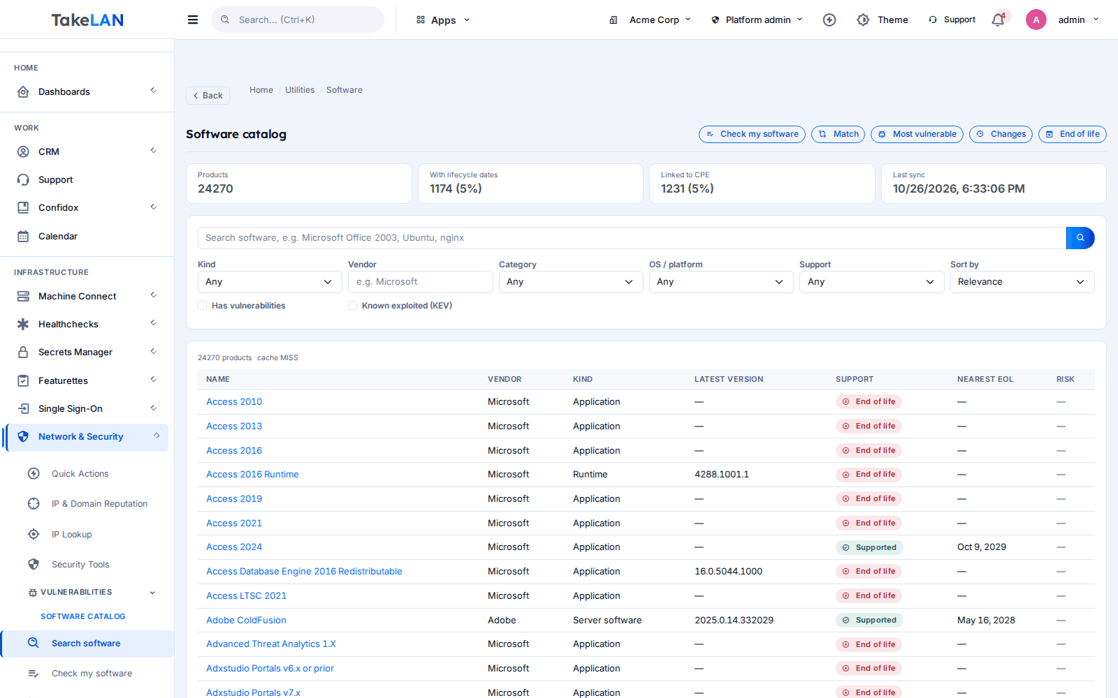 Software catalog page showing versions, end-of-life dates and vulnerability counts